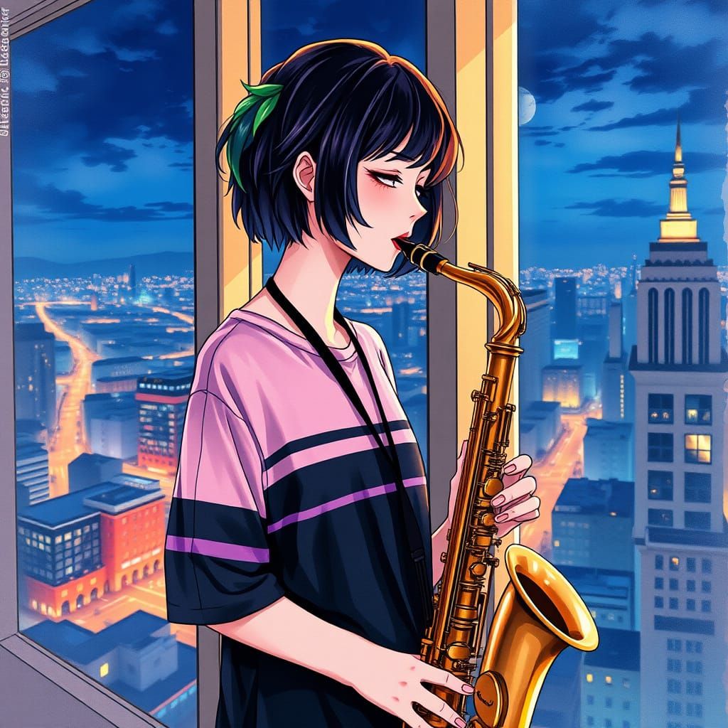 Serene Urban Moment: Emo Woman Lost in Melancholic Melody