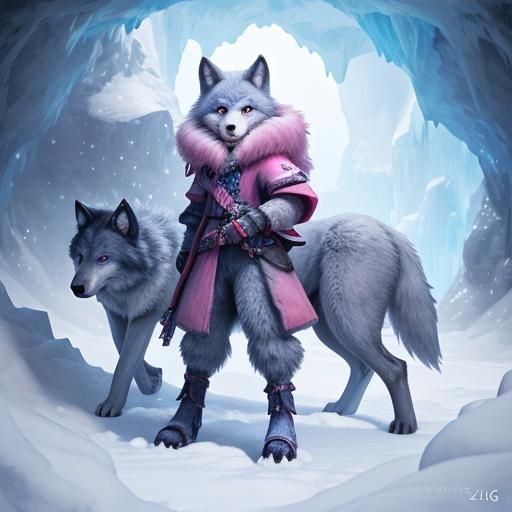 Cute Wolf Girl Playing in Snowy Ice Cave