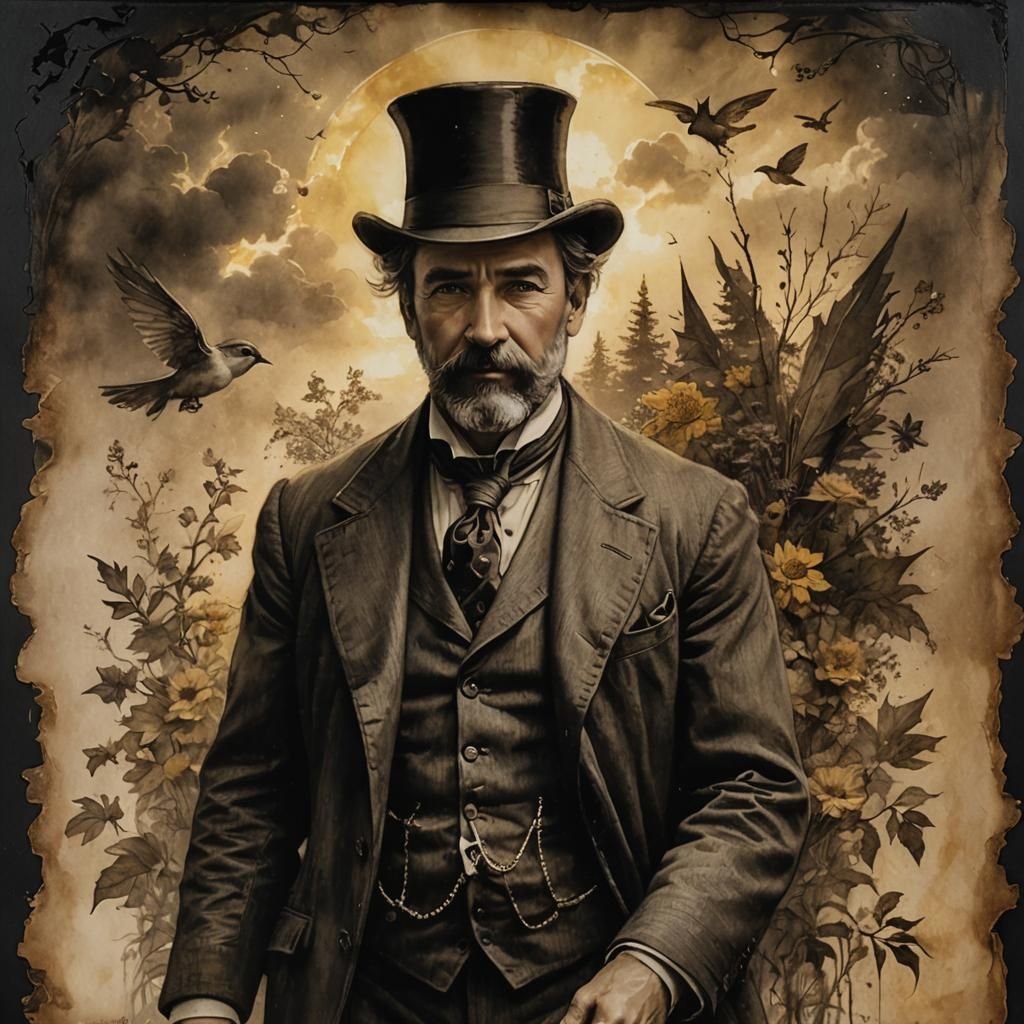 Victorian Gentleman in Dark Sepia Mixed Media Portrait