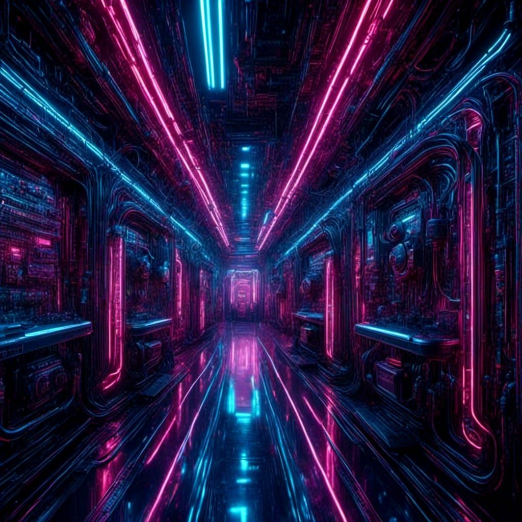 Futuristic Cyberpunk Filigree Corridor in Neon Circuits