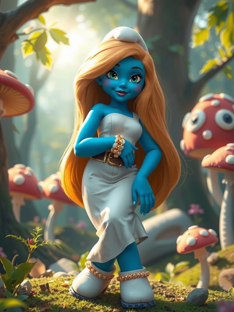 Smurfette in Ethereal Forest Landscape, Cyberpunk-Inspired A...