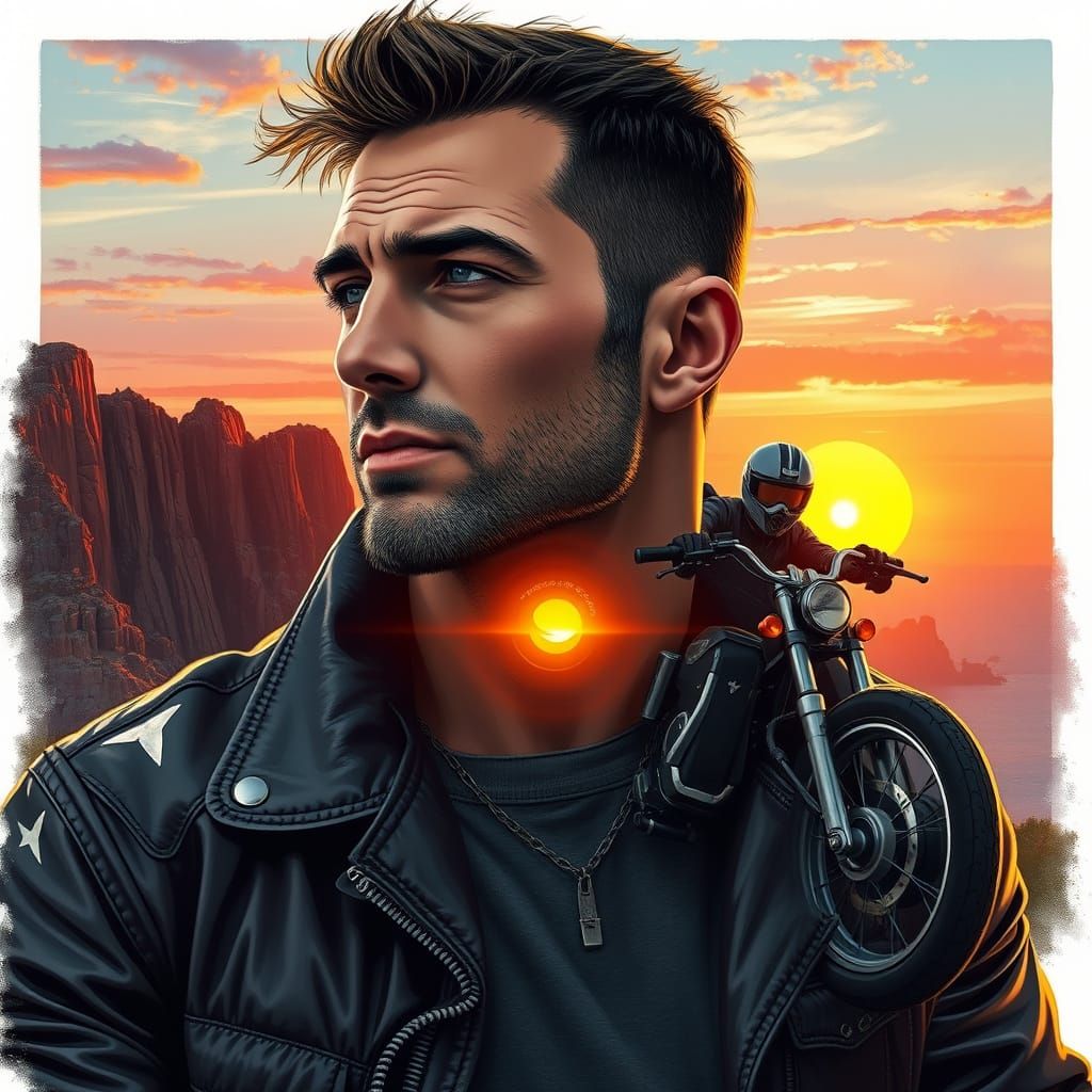 Man with Motorcycle Double Exposure in Detailed Style