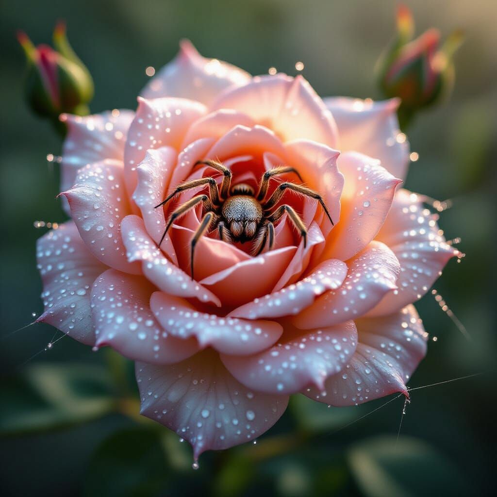 Luminous Spider Silk Rose in Hyperrealistic Macro Photograph...