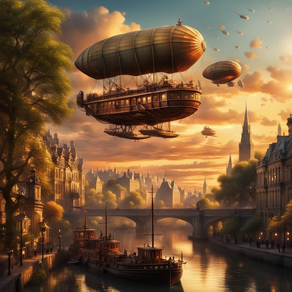 Airships Over Sparkling City at Sunset: Digital Painting