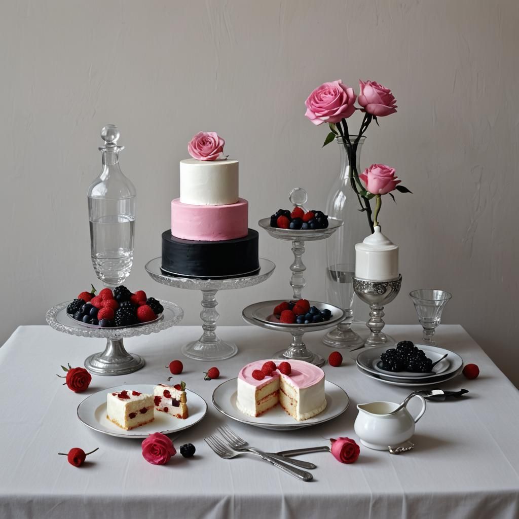 Elegant Still Life with Dessert and Roses