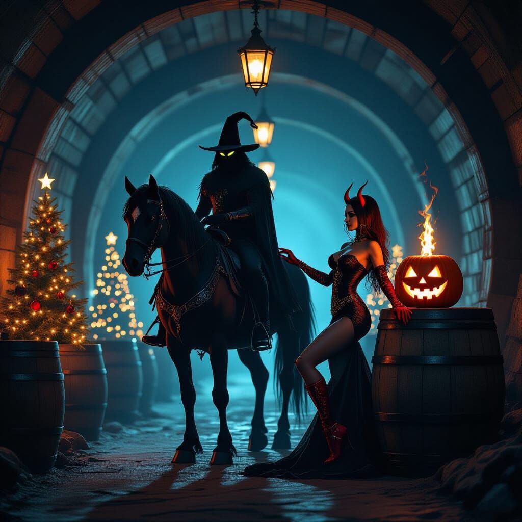 Headless Horseman in Eerie Christmas Tree Tunnel