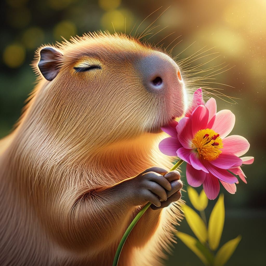 Capybara Smelling Flower in Natural Habitat
