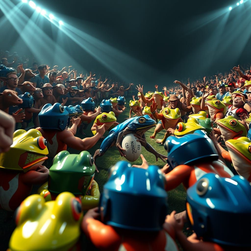 Frenzied Rugby Match between Toads and Frogs in a Futuristic...