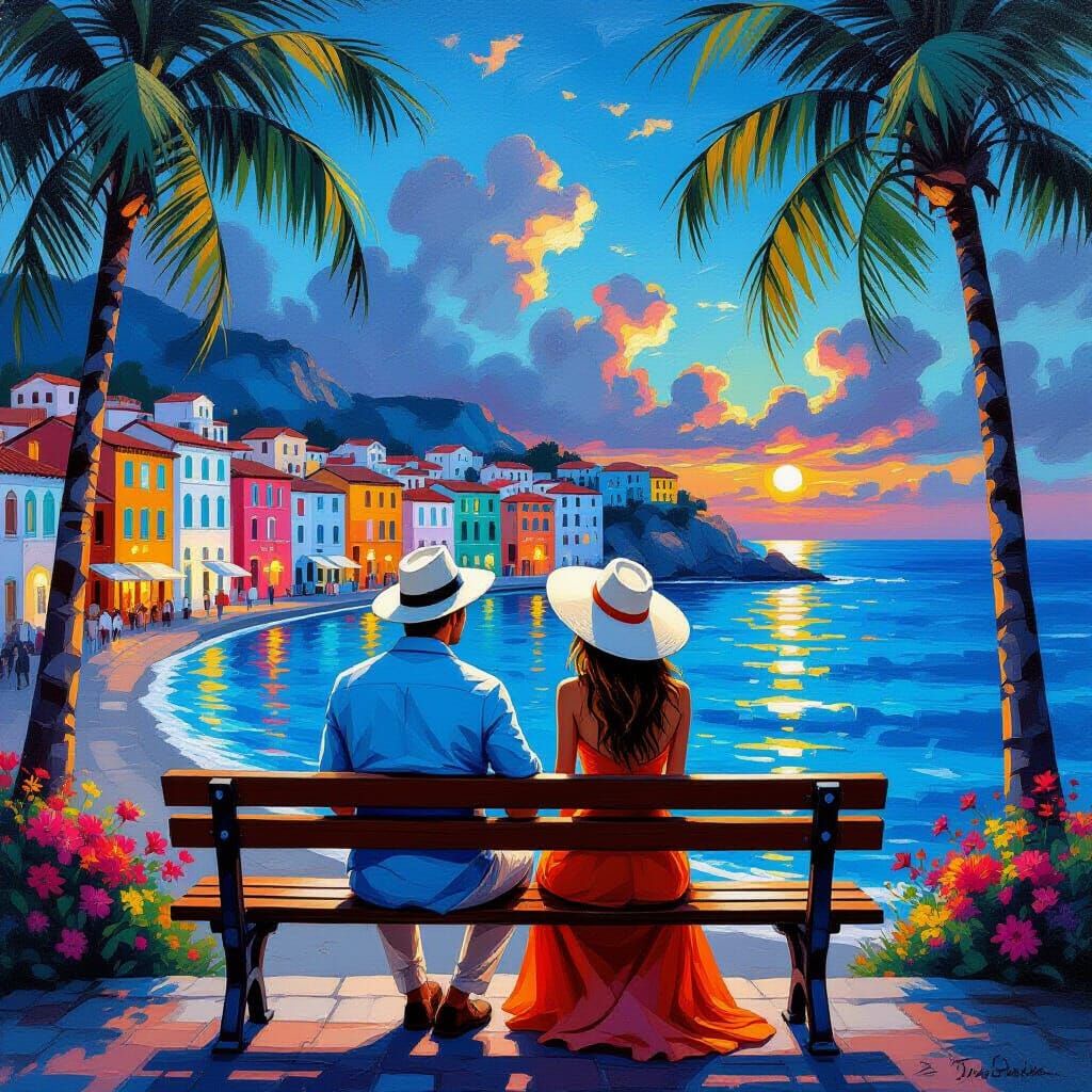 Romantic Seaside Couple in Golden Hour Oil Painting