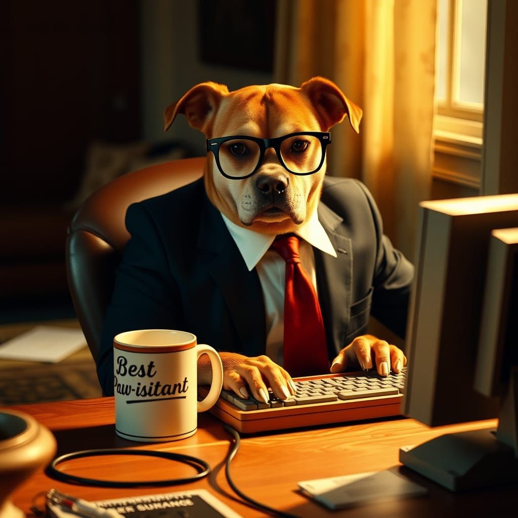 Dog in Suit Typing at Computer in Cinematic Lighting