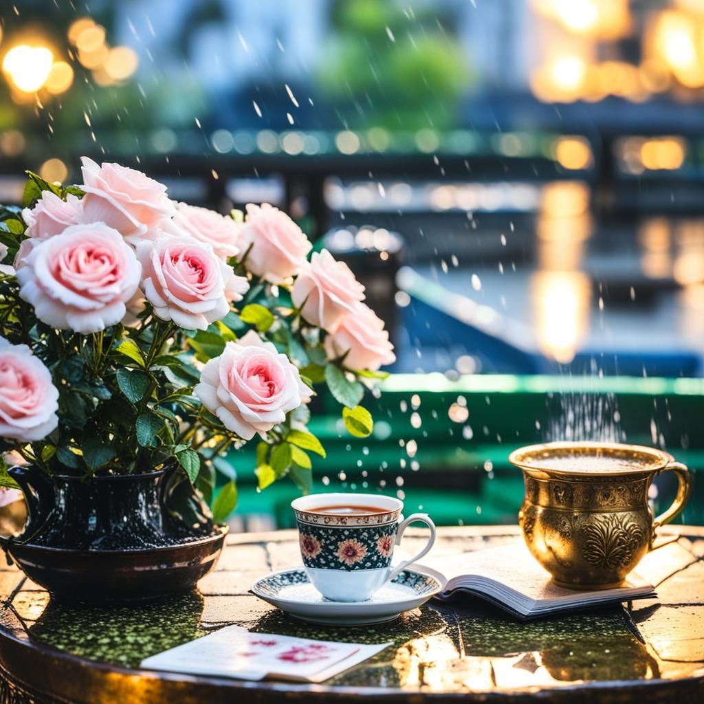 Rainy Balcony Scene with Pink Roses and Tea