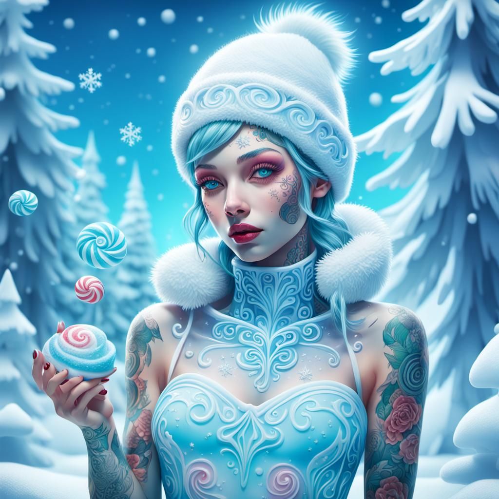 Tattooed Snow Woman in Candy Art Style