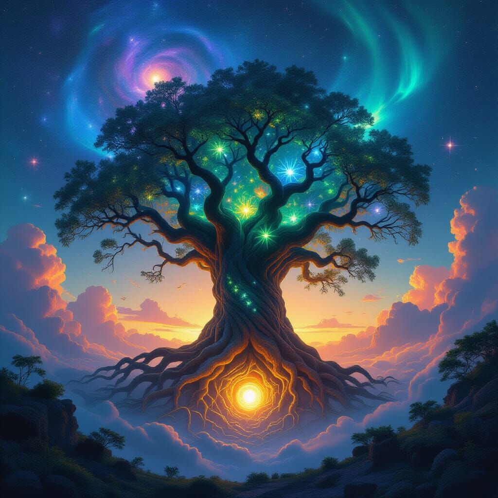 Ancient Cosmic Tree With Bioluminescent Flora