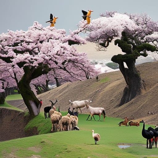 Giraffes and Ostriches in Cherry Orchard, Detailed Render