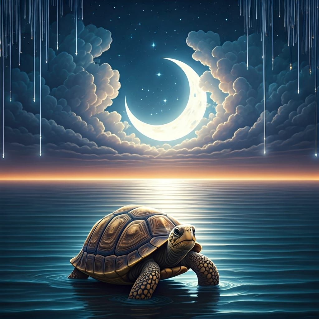 Cartoon Turtle Croons Under Moonlit Sky