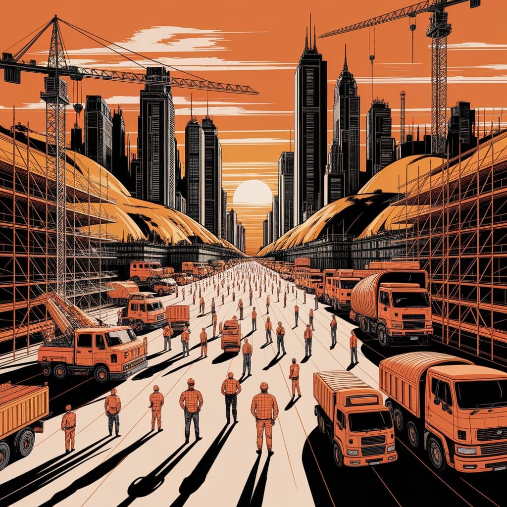 Cityscape Under Construction in Vintage Technical Drawing St...