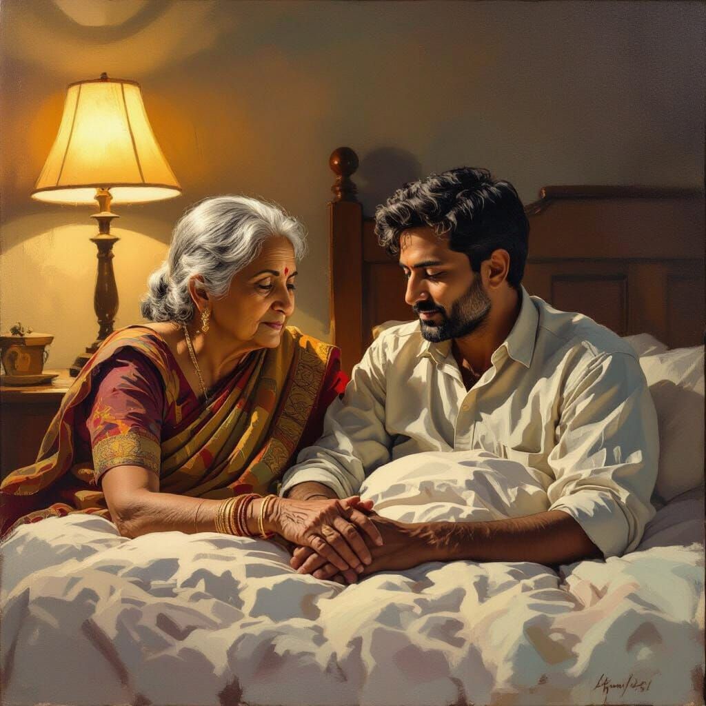 Elderly Indian Couple in Bed, Oil Painting Style
