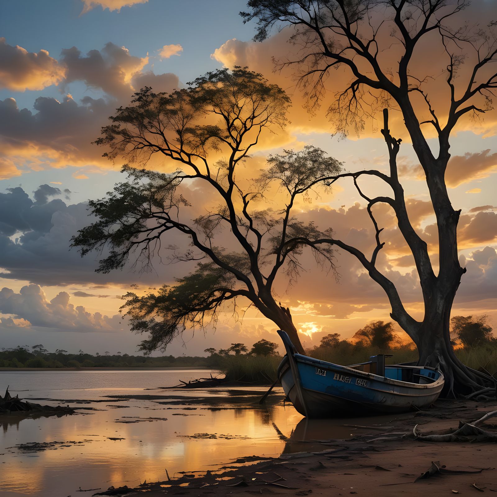 Lonely Fishing Boat at Sunset: Hyperrealistic Matte Painting
