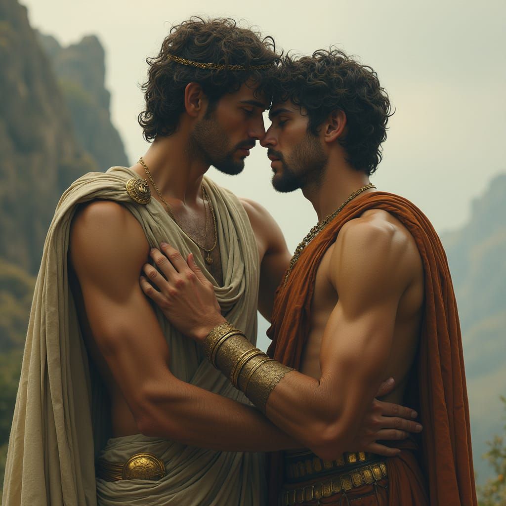 Achilles and Patroclus Embrace in Dreamy Greek Landscape