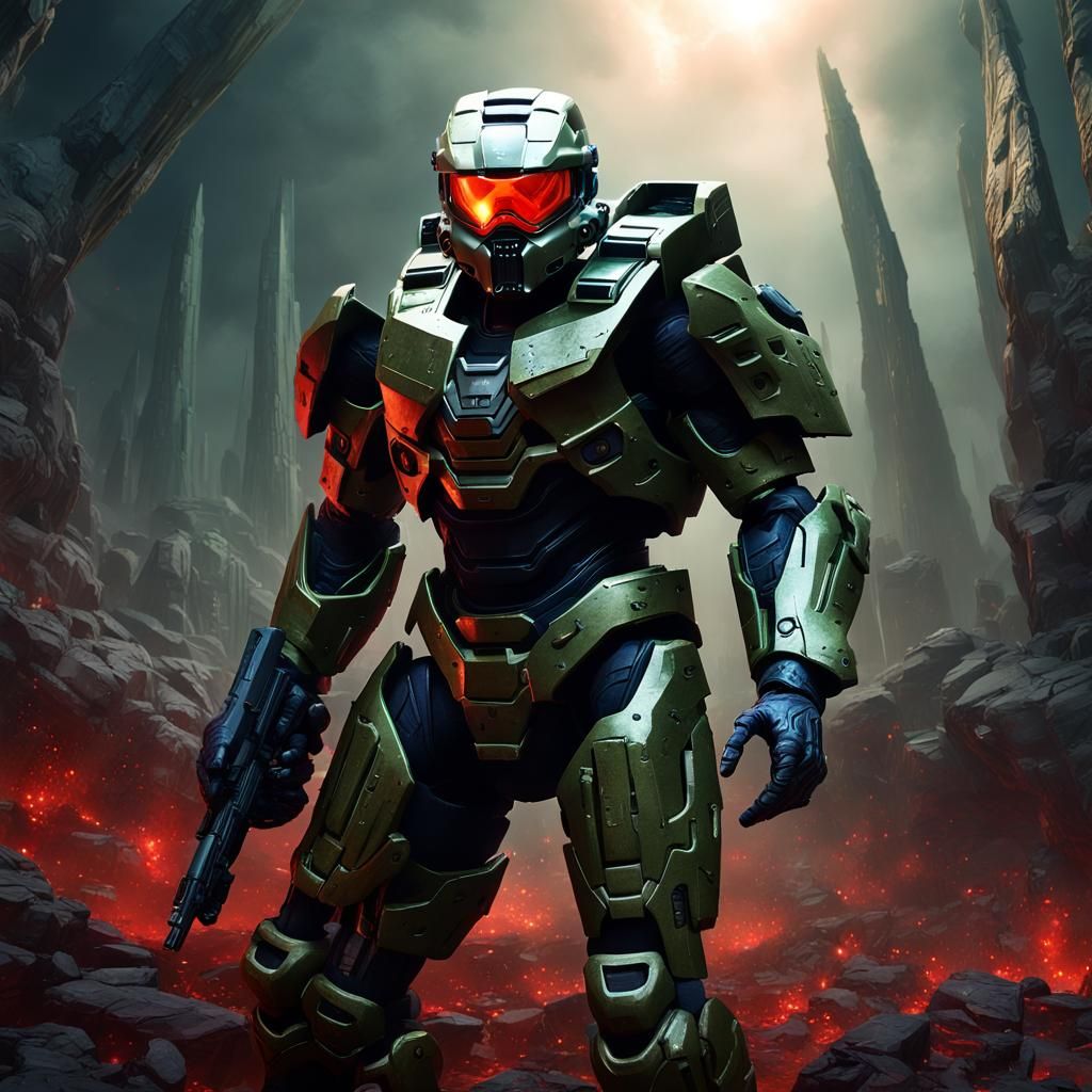 Evil Master Chief Skeleton with Glowing Eyes