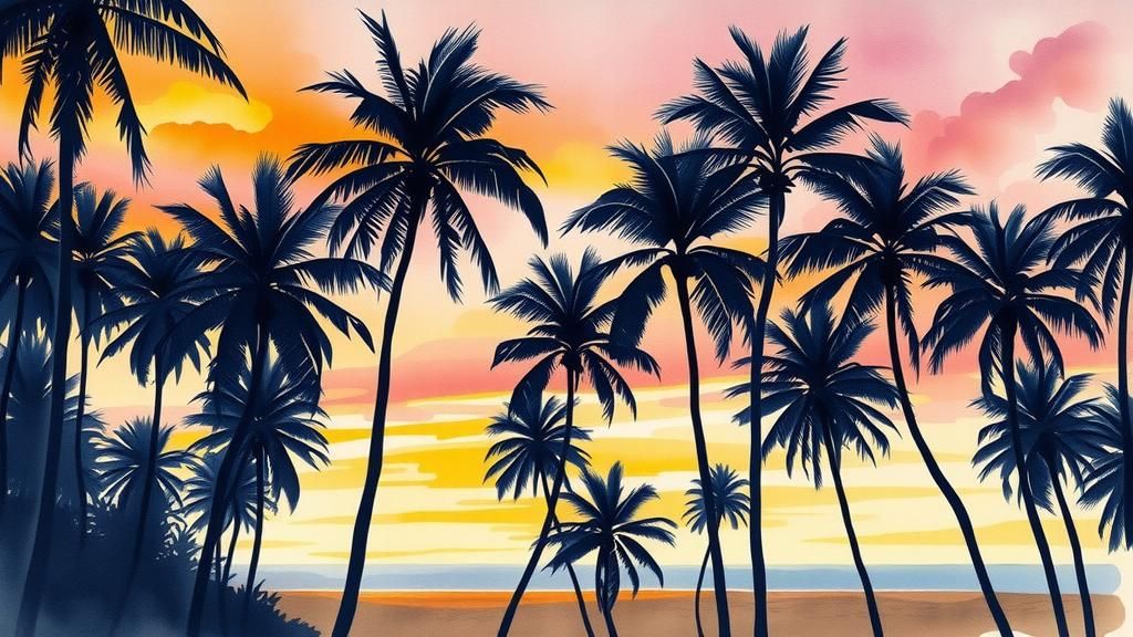 Palm Trees Swaying: Watercolor Sunset Scene