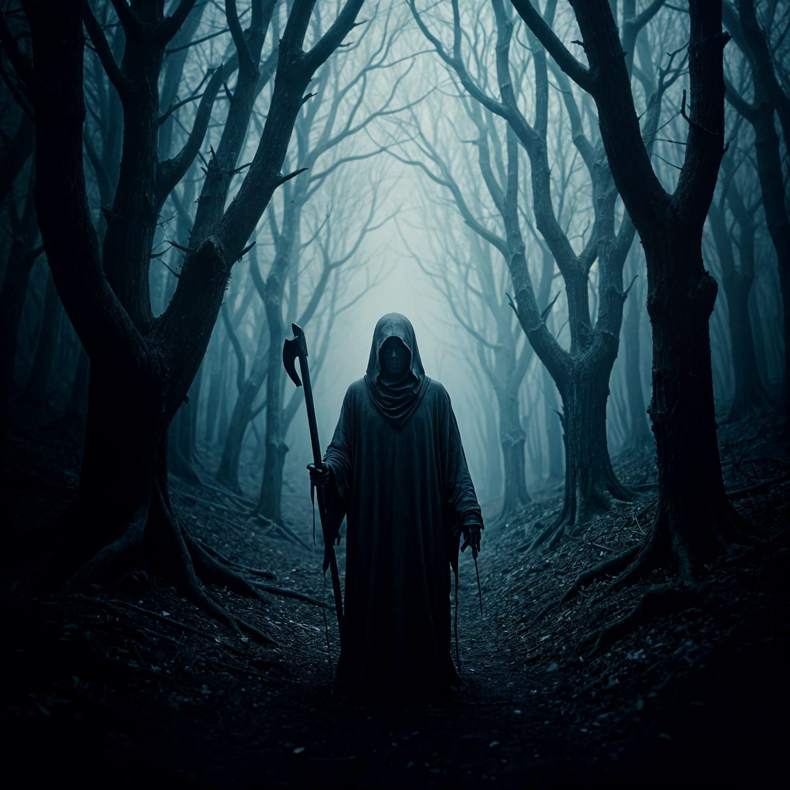 Grim Reaper Guides Souls Through Foggy Woods