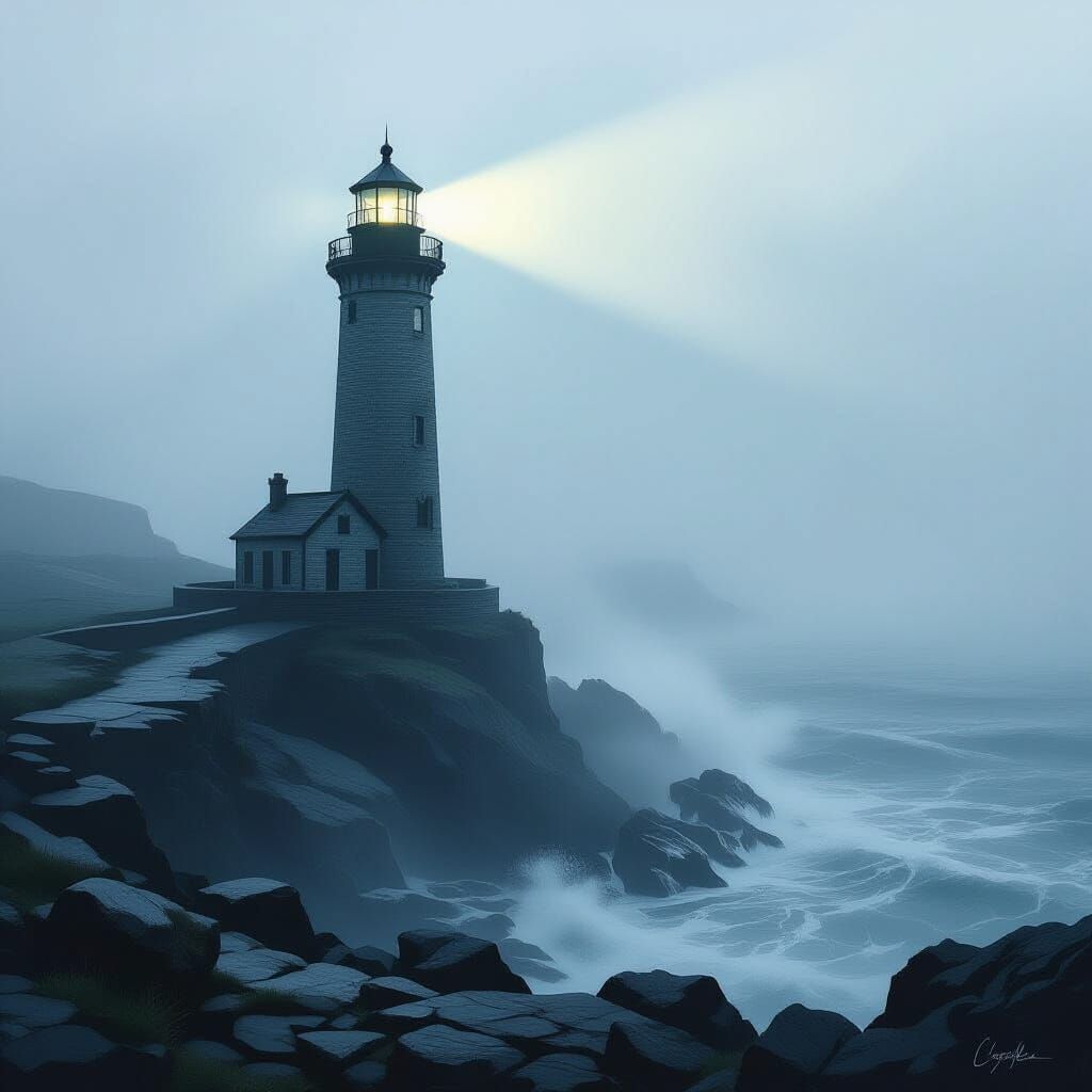 Ancient Lighthouse in Thick Fog, Moody Maritime Art