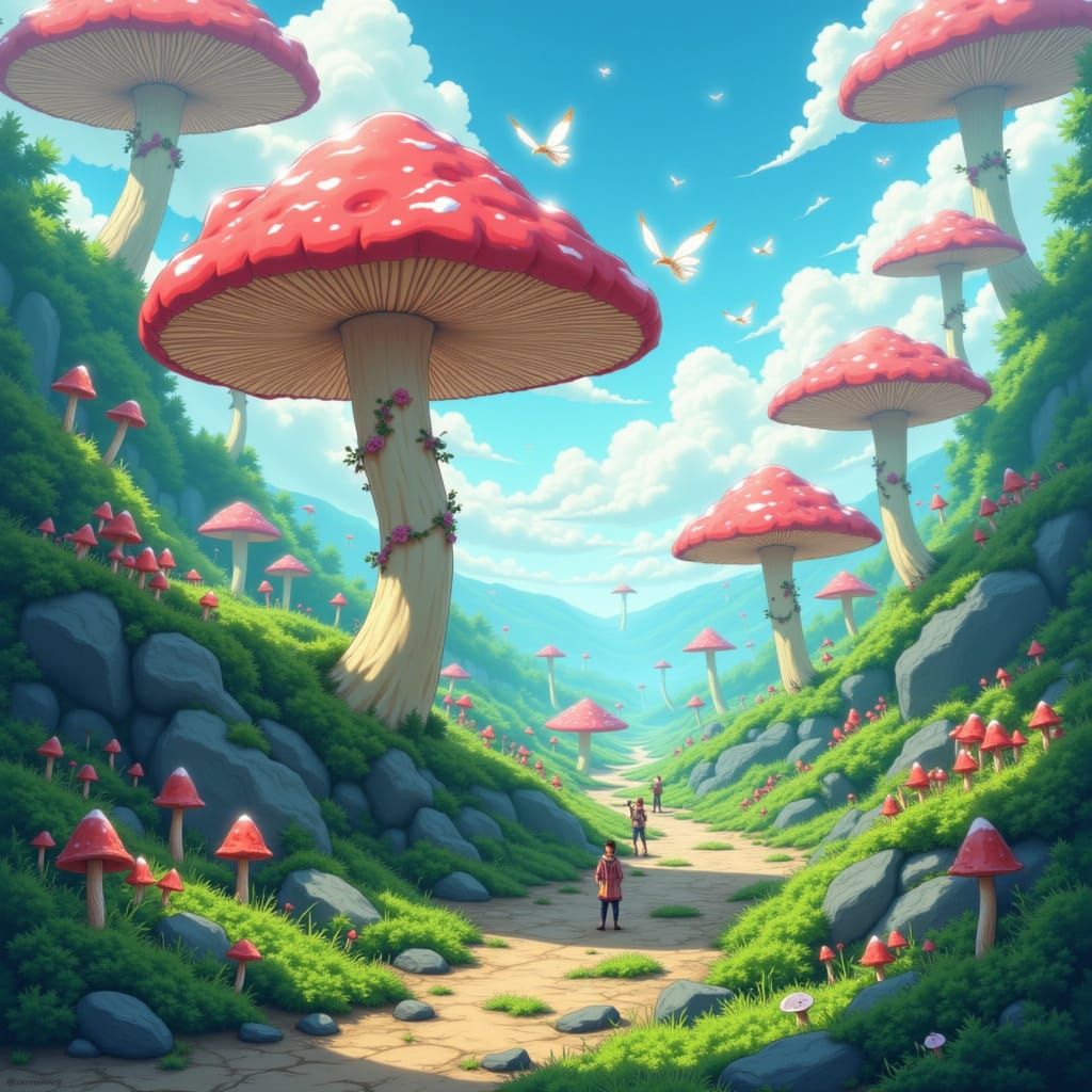 Surreal Floating Islands with Crystal Mushrooms and Light Tr...