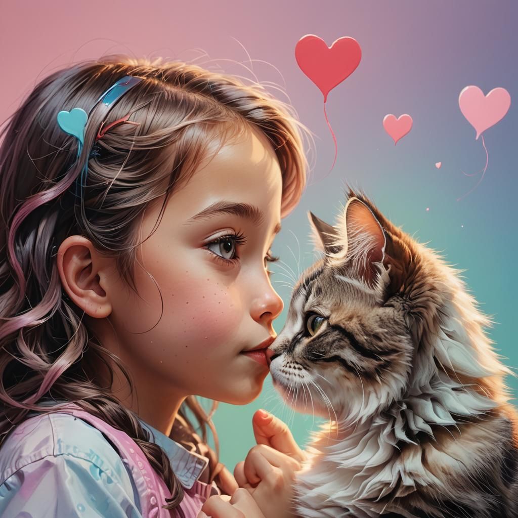 Touching Noses: Girl, Kitten, and Fluorescent Heart