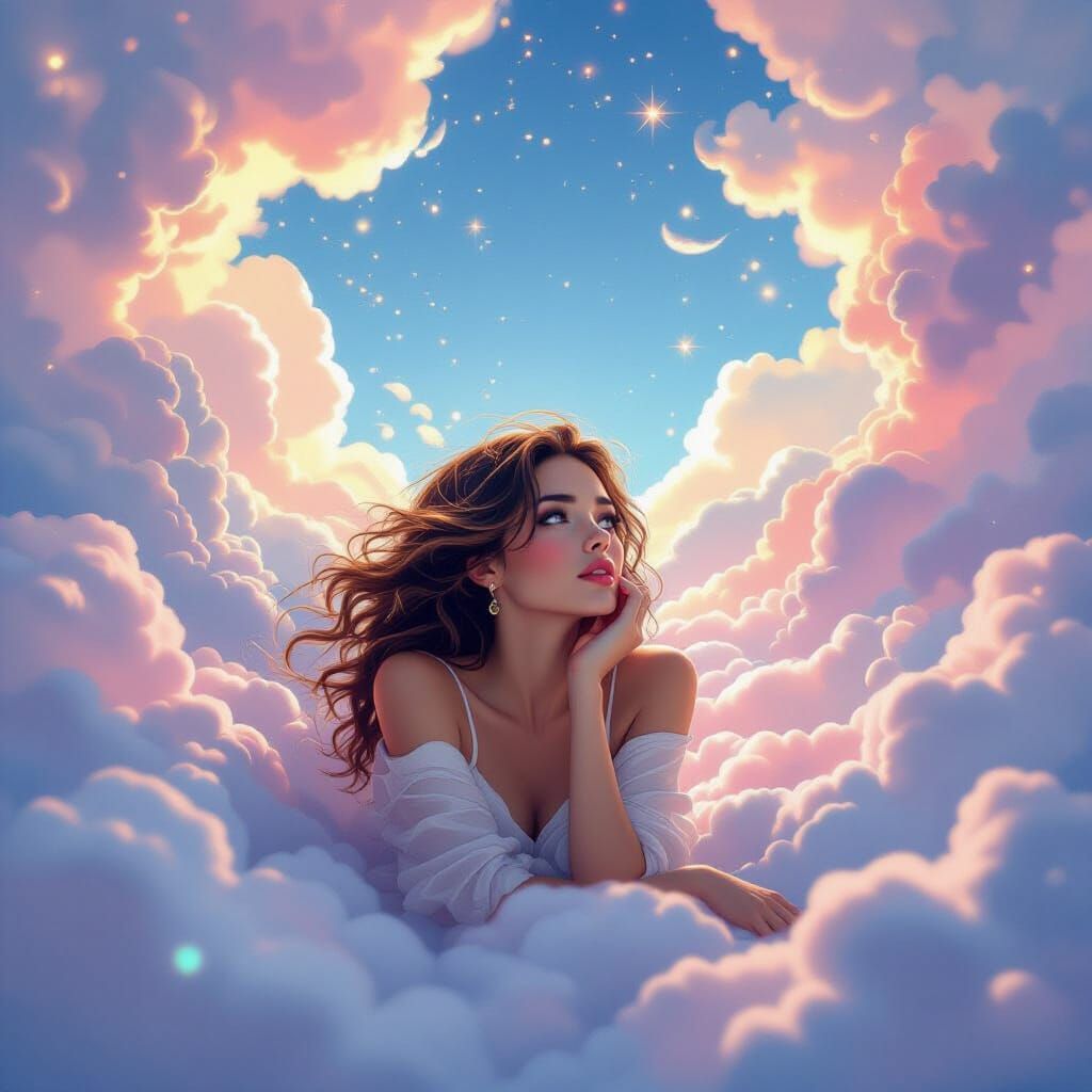 Ethereal Woman Surrounded by Swirling Clouds