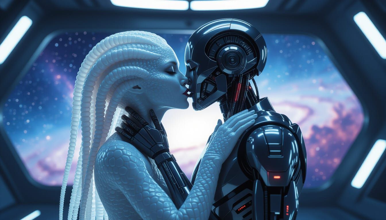 Alien Woman Kisses Cyborg in Futuristic Space Station