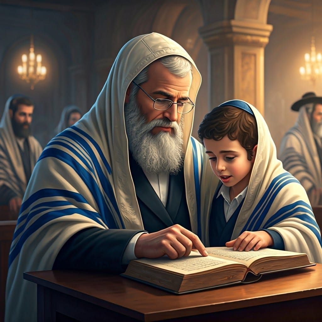 Jewish Man and Son Praying in Synagogue