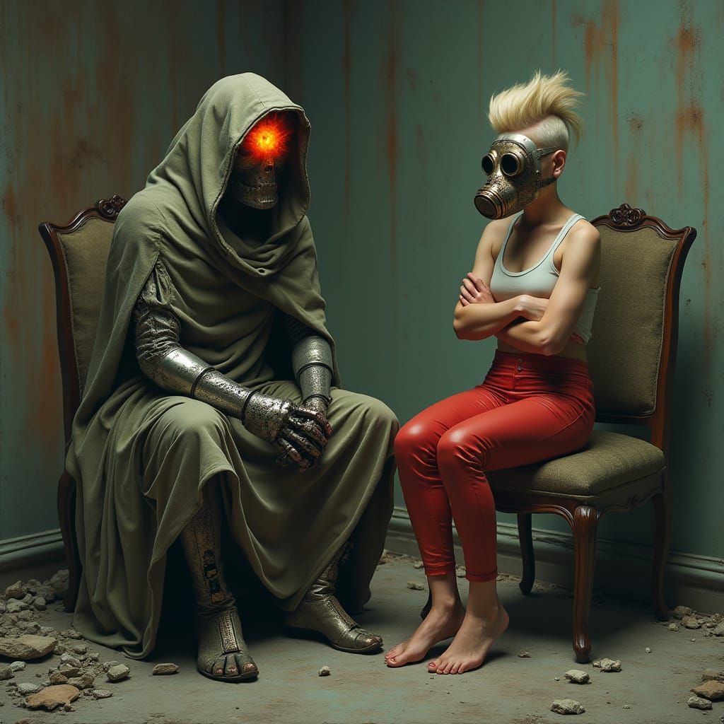 Cyberpunk Figure in Ruins, Mechanical Arm and Flame-Lit Eye