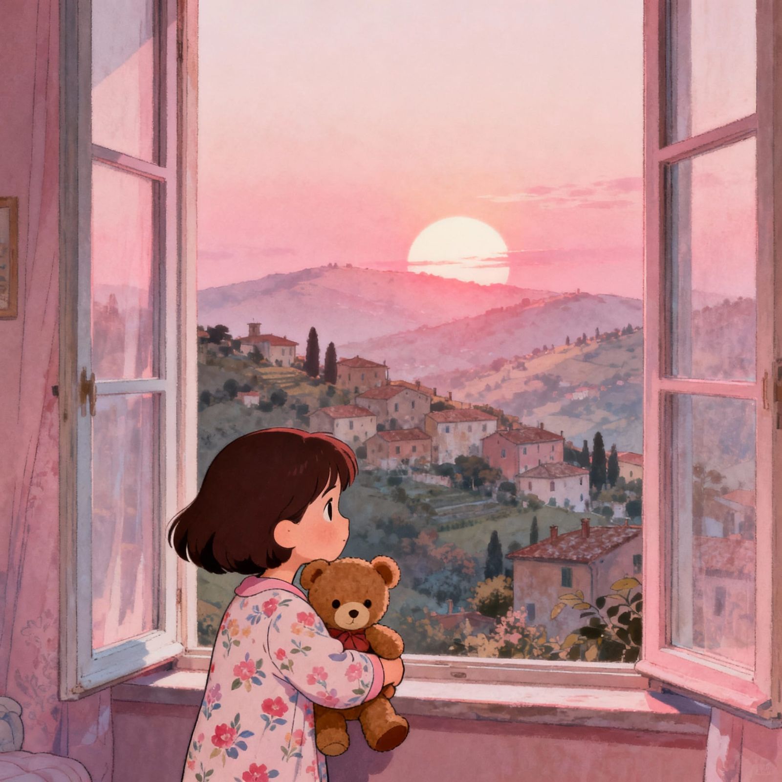 Girl Greets Sunrise in Italian Village, Cinematic Style