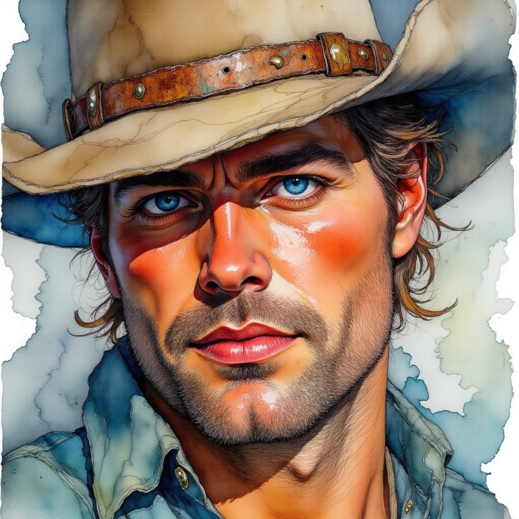 Rugged Cowboy Portrait in Watercolor Style