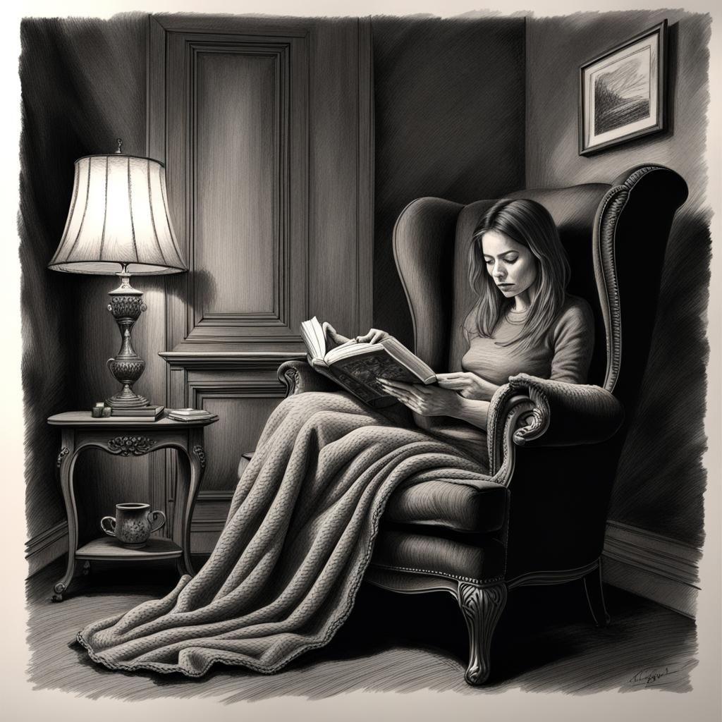Woman Reading by Fireplace: Hyperdetailed Charcoal Drawing