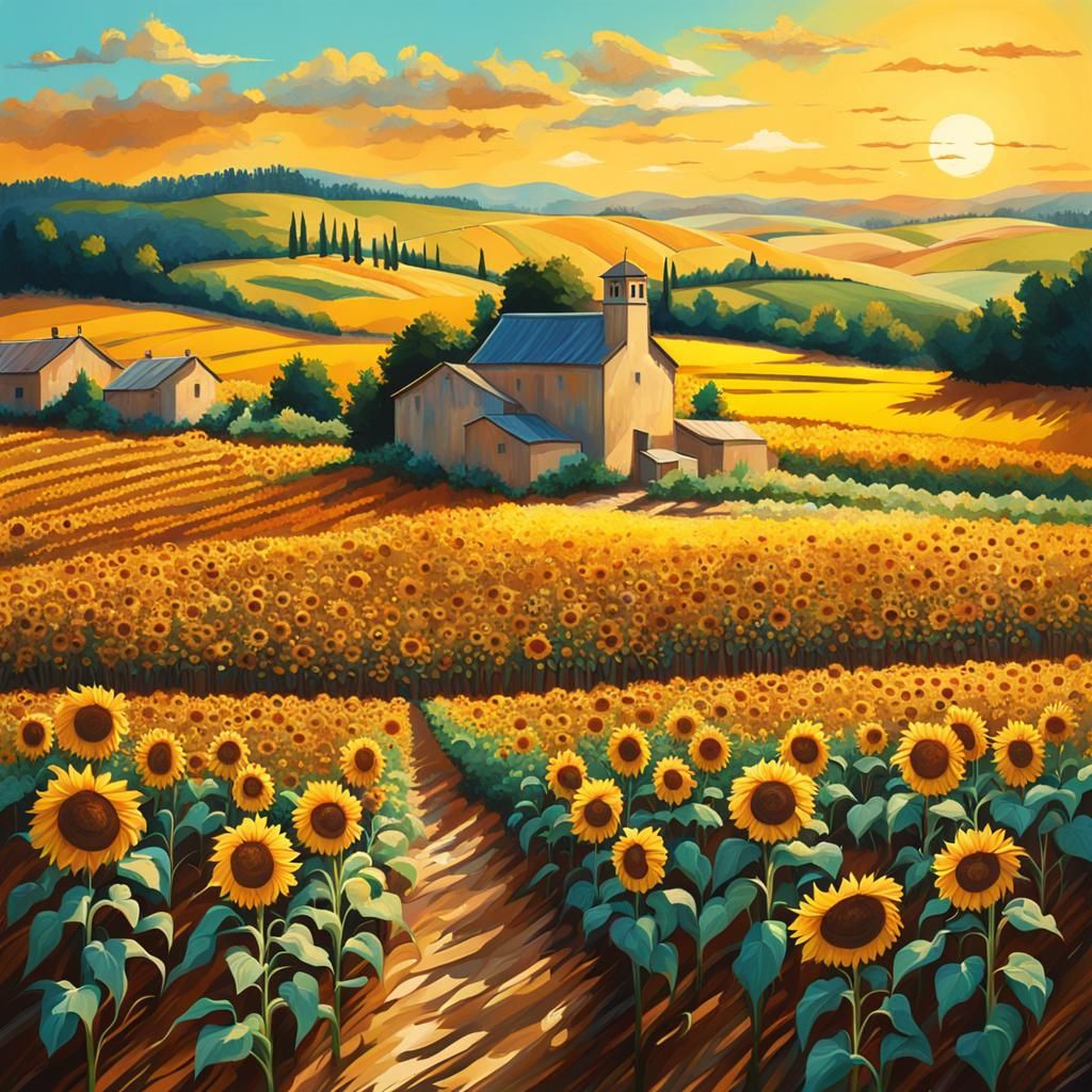 Hyperrealistic Sunflower Field in France: Splash Art