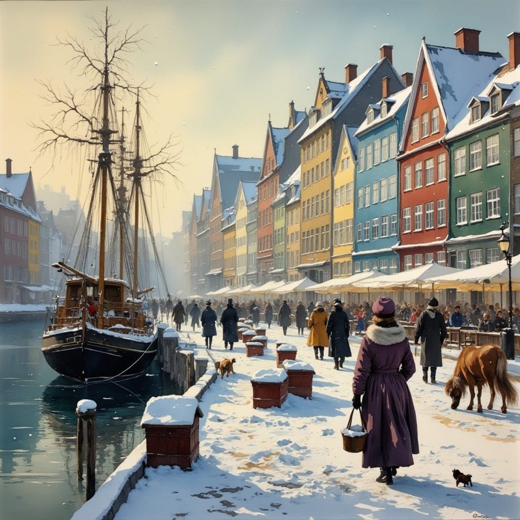 Winter Scene in Nyhavn's Charming Quay, Impressionist Style