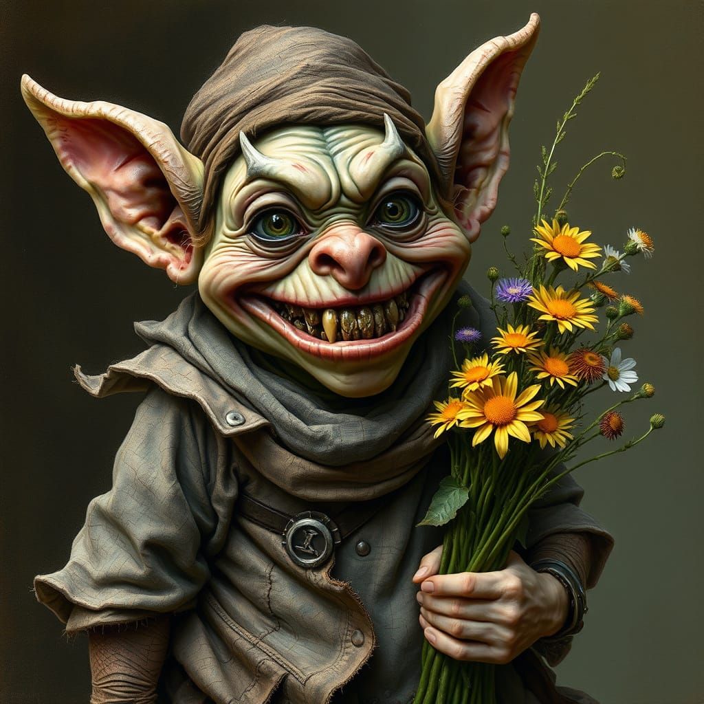 Smiling Goblin with Flowers in Fantasy Realism Style