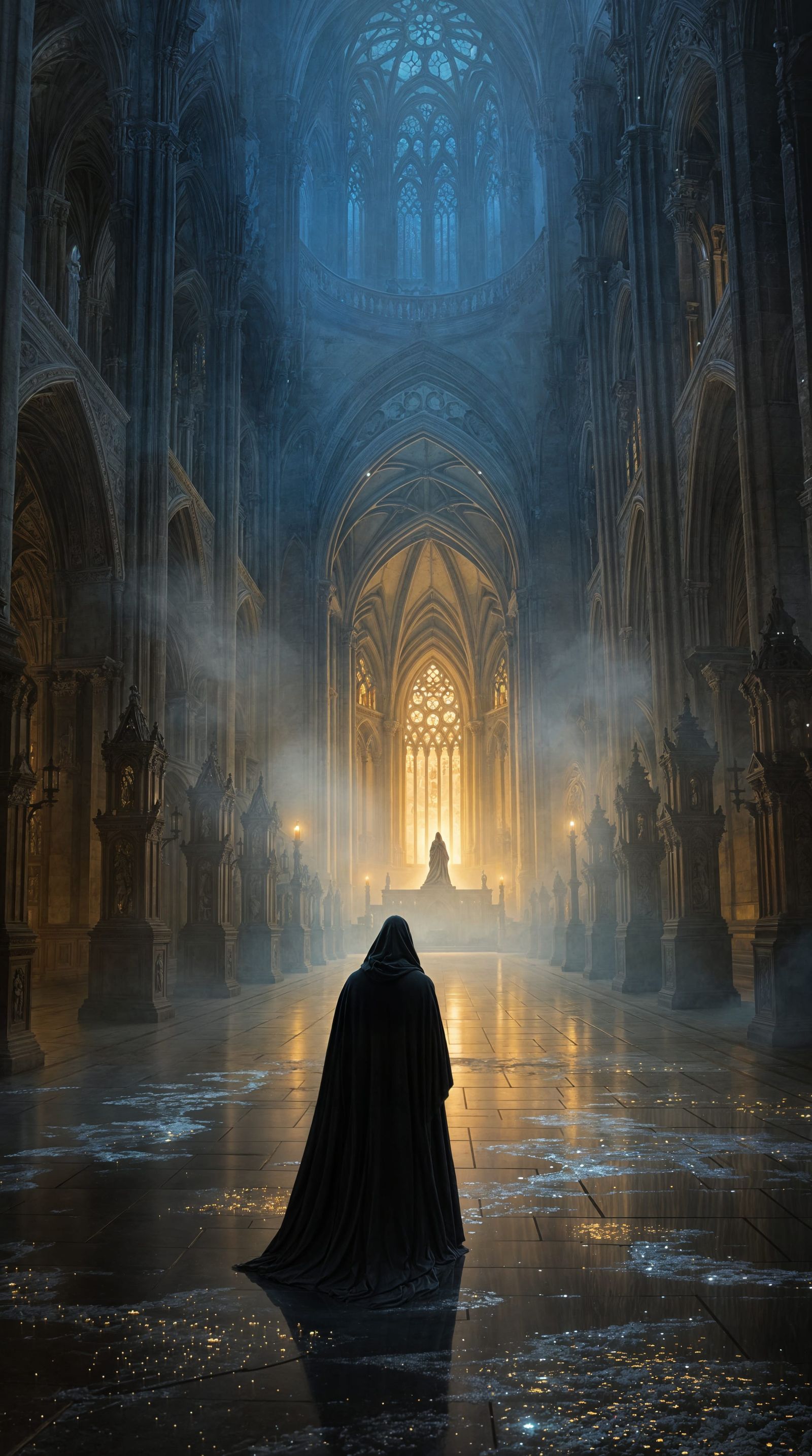 Mystical Gothic Cathedral Illuminated by Ethereal Blue Light