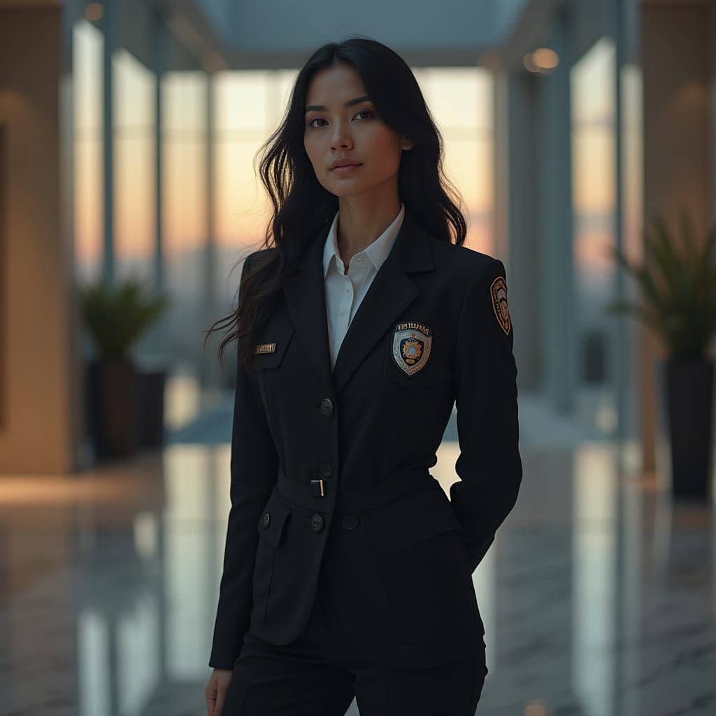 Hyperrealistic Security Guard in Modern Lobby at Dusk