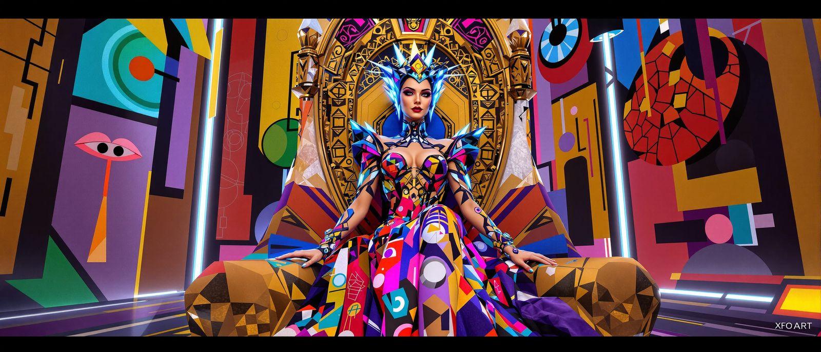 Futuristic Queen in Cubist Gown on Geometric Throne