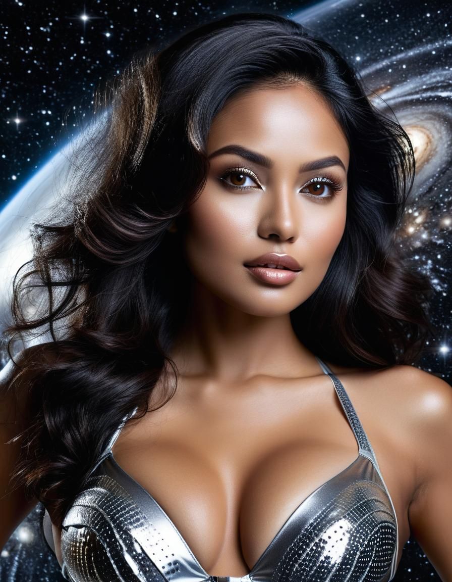 Indonesian Woman in Silver Bikini Floating in Space
