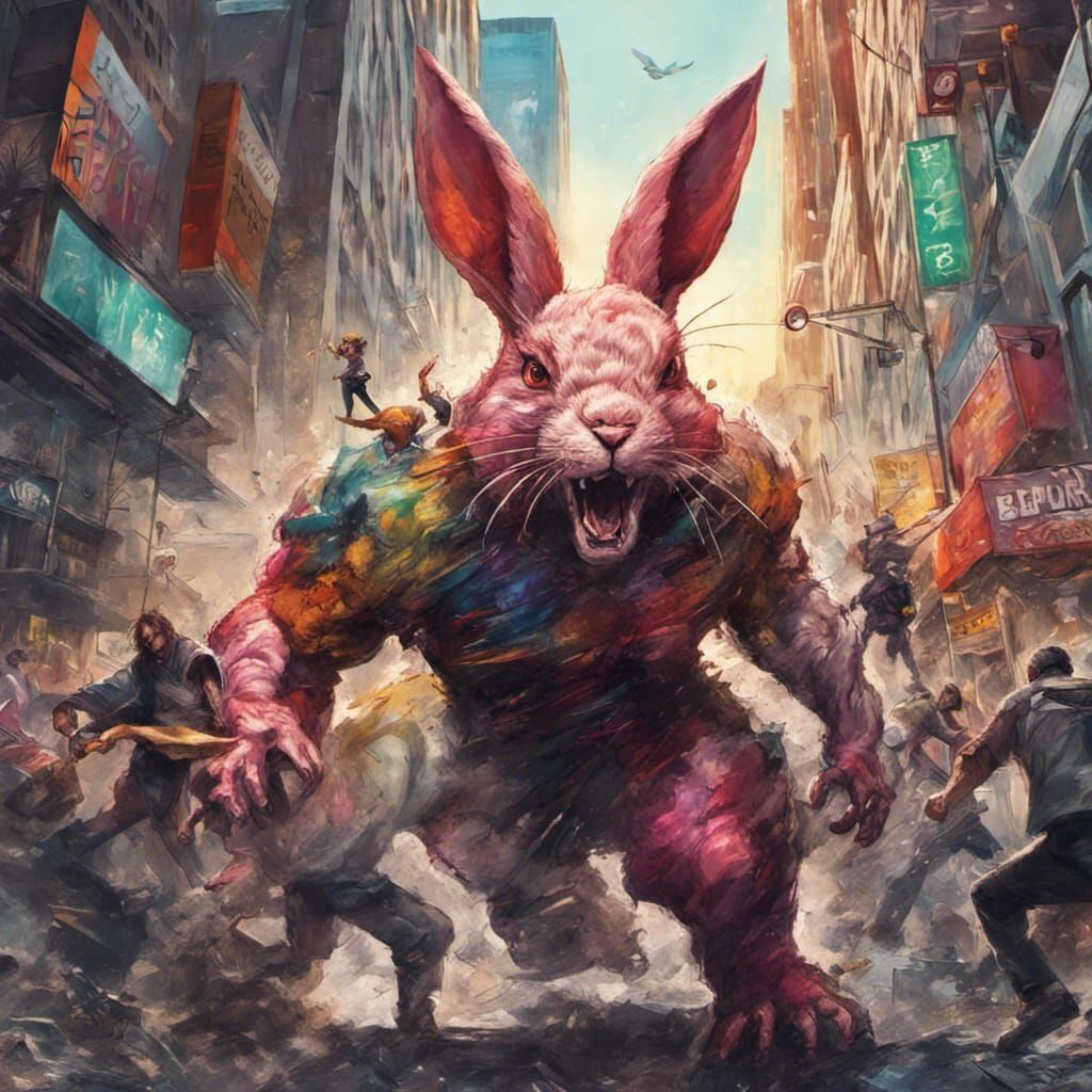 Hyperrealistic Kaiju Rabbit Battle in City Center