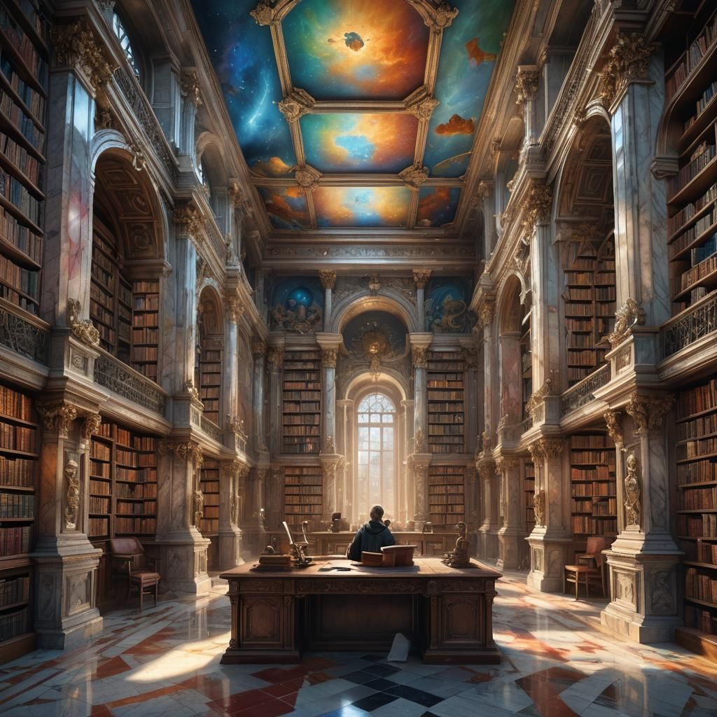 Vibrant Marble Library with Dusty Scrolls