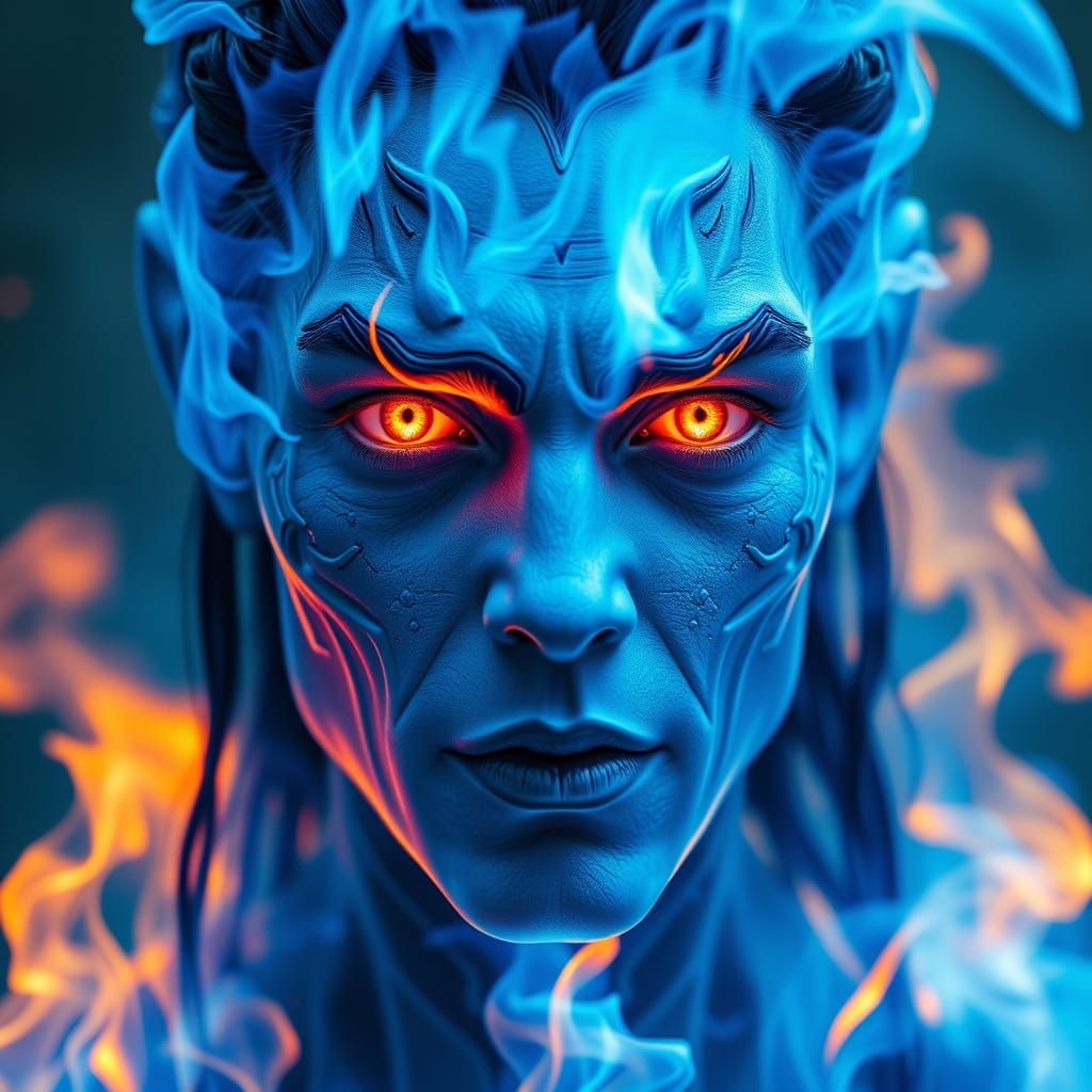 A blue face made of  bright blue fire, logi