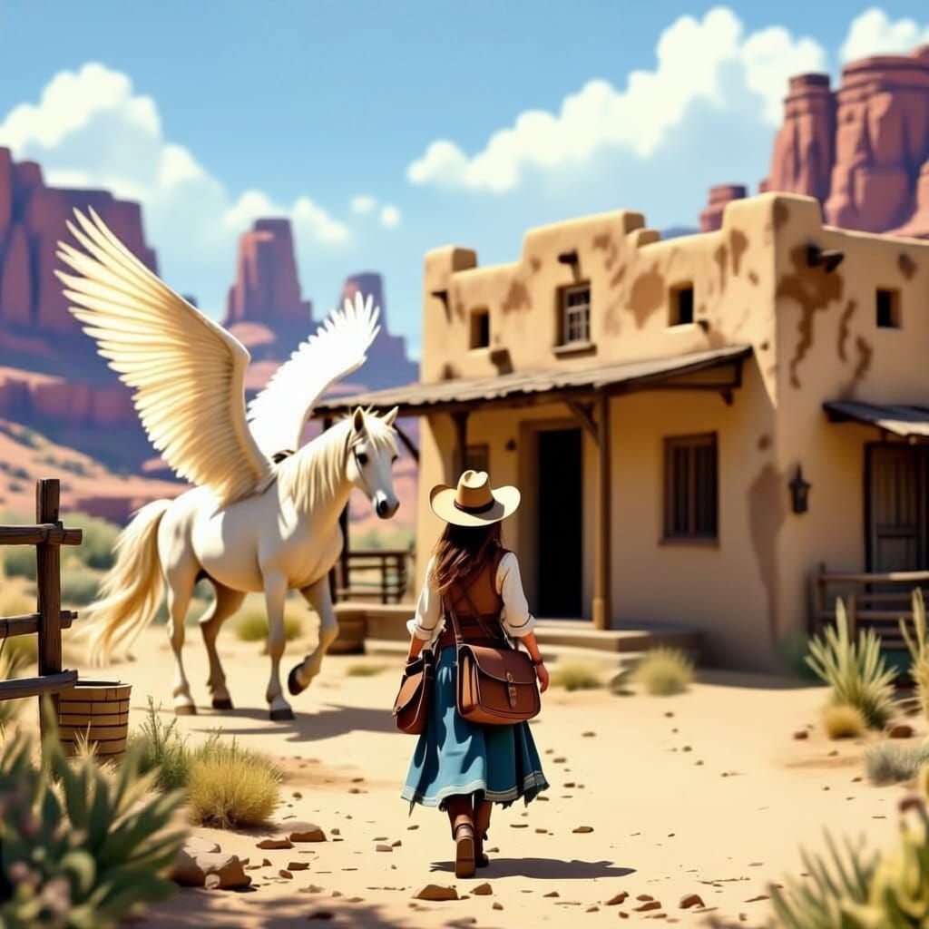 Cowgirl Dismounts Pegasus at Wild West Adobe Waystation