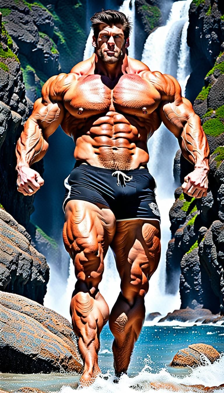 Beefy Bodybuilder with Tattoos in Speedo