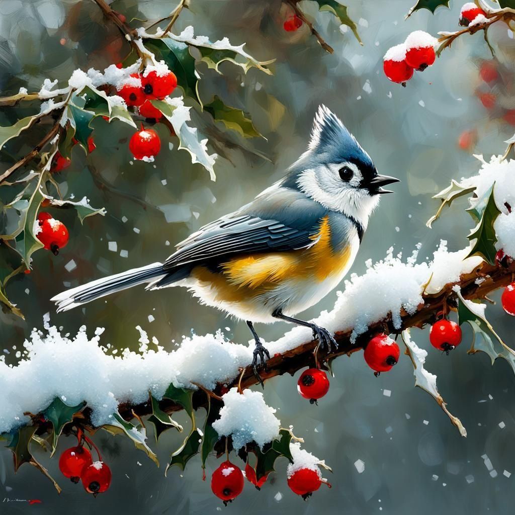 Tufted Titmice on Holly Branch in Winter