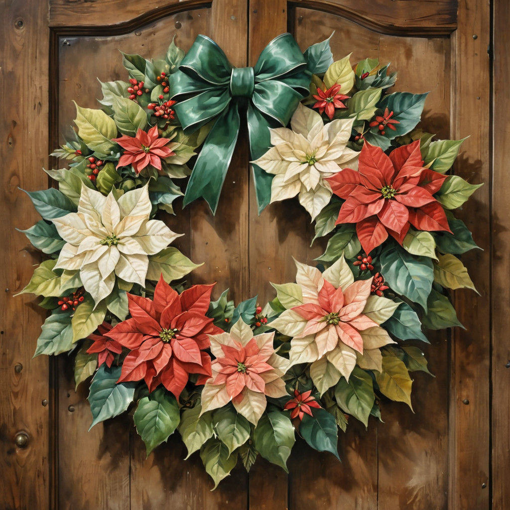 Christmas Wreath with Poinsettias in Watercolor Style